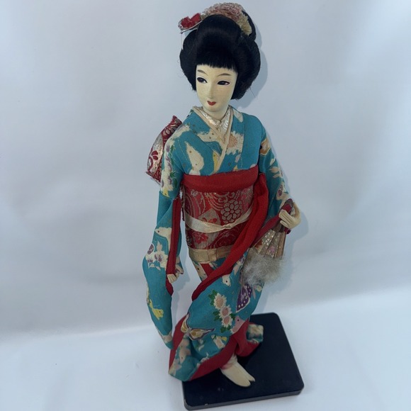 Japanese GEISHA Real Life Doll Red Fan Butterfly Kimono Antique Vintage Clothes - Picture 12 of 13
